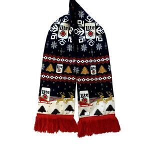 Miller Light Beer Scarf Winter Blue Red Knit Christmas Reindeer Holiday